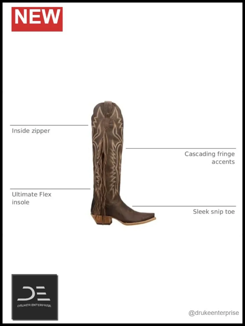 Leather Knee-High Western Boots with Fringe Snip Toe Zip